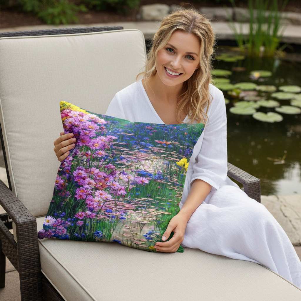 Woman sitting outdoors holding an All-Over Print Basic Pillow featuring the Natural Beauties floral design, with vibrant pink, purple, yellow, and green flowers. The scene includes a pond and greenery, showing the pillow's artistic and colorful appearance in a natural setting.