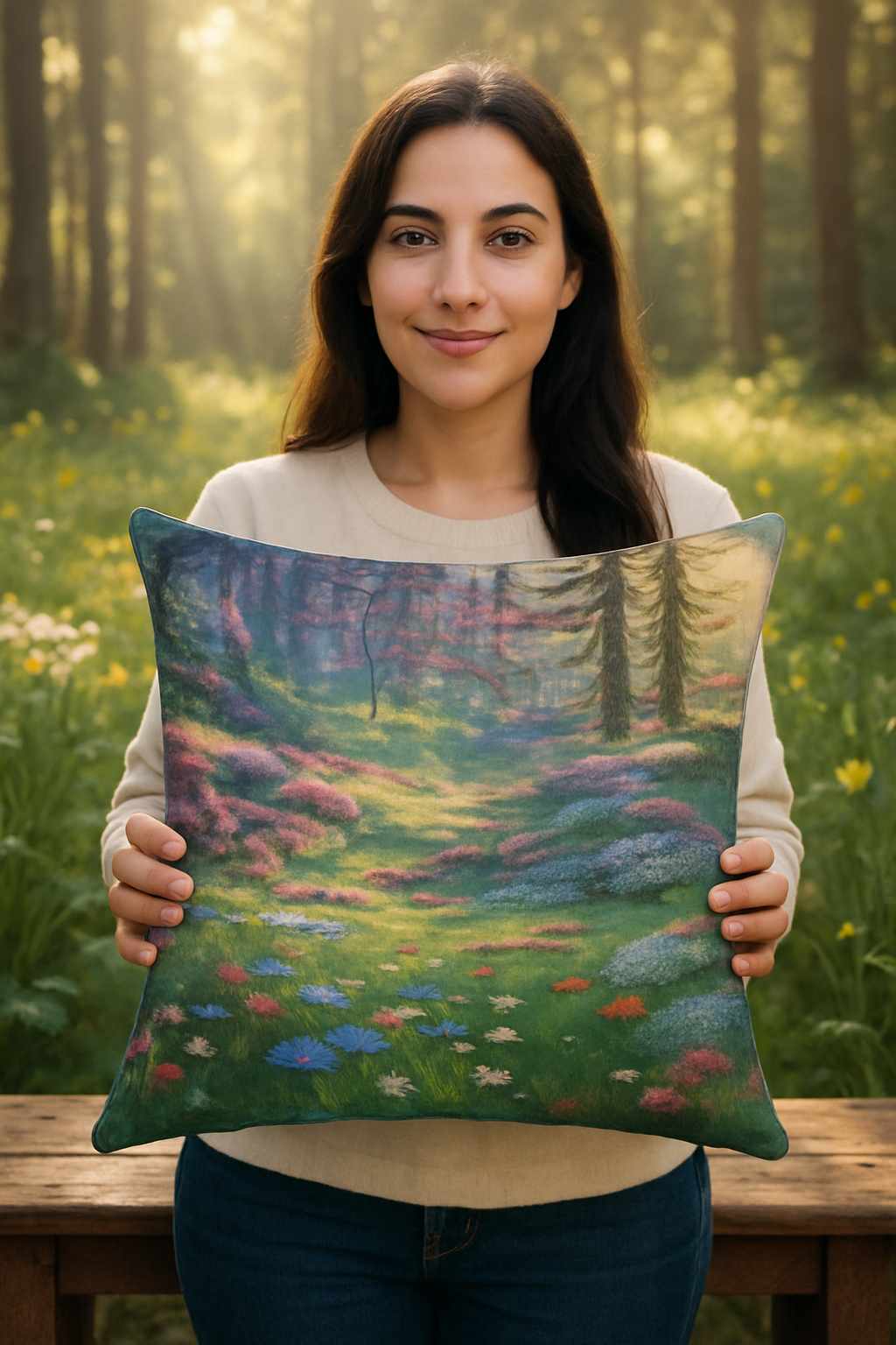 Woman outdoors holding an All-Over Print Basic Pillow featuring the Nature Wonders landscape design, with green meadows, soft sunlight, and colorful wildflowers. Forest trees and natural light in the background highlight the pillow’s serene and artistic appearance.