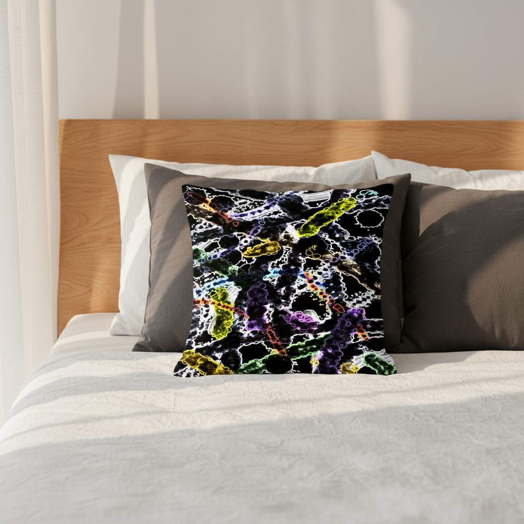 All-Over Print Basic Pillow on a neatly made bed, featuring the Organismes design with colorful microscopic-inspired patterns in yellow, purple, green, and blue on a dark background. Soft natural light enhances the abstract and modern aesthetic.