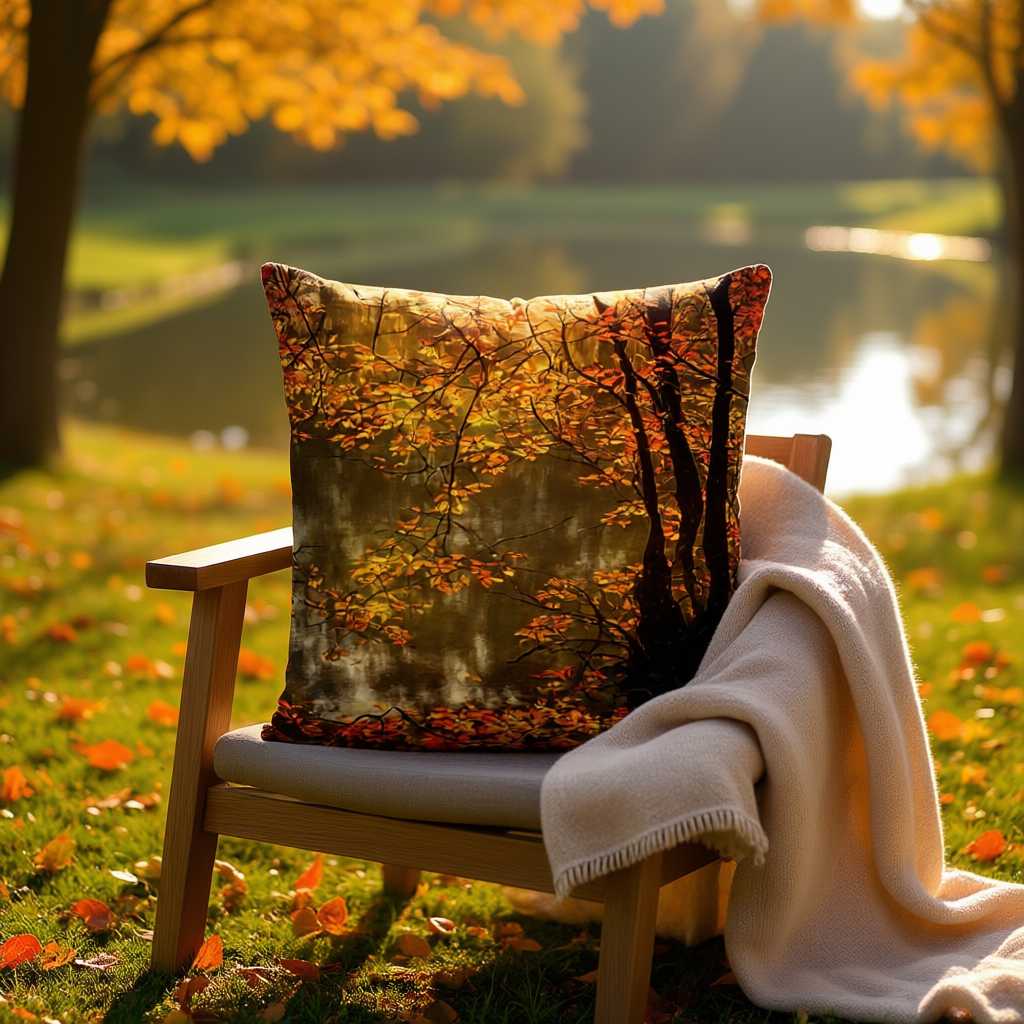 All-Over Print Basic Pillow on a wooden chair outdoors, featuring the Peaceful Autumn design with golden leaves, warm amber tones, and soft sunlight. The scene includes a blanket on the chair and fallen leaves on the grass, highlighting a serene autumn atmosphere.