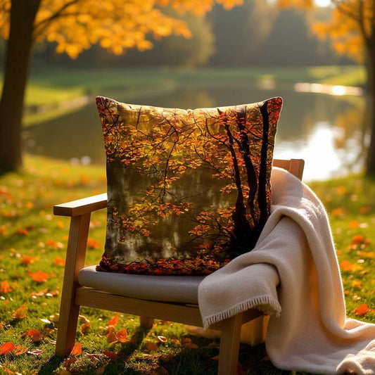 All-Over Print Basic Pillow on a wooden chair outdoors, featuring the Peaceful Autumn design with golden leaves, warm amber tones, and soft sunlight. The scene includes a blanket on the chair and fallen leaves on the grass, highlighting a serene autumn atmosphere.