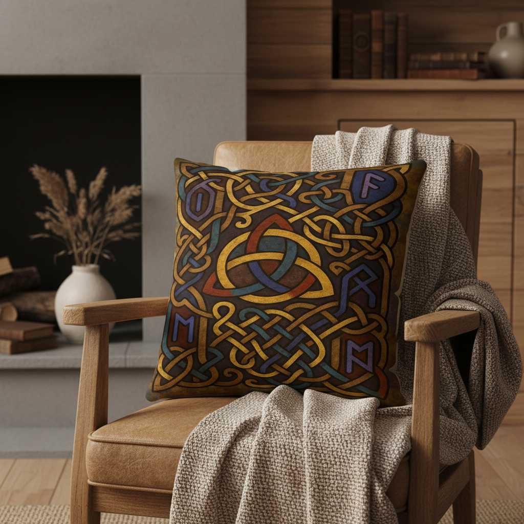 All-Over Print Basic Pillow on a wooden armchair, featuring the Runic Viking Art design with a central triquetra, golden knotwork, and rune symbols. Warm indoor lighting and a textured blanket create a cozy, mythic atmosphere.