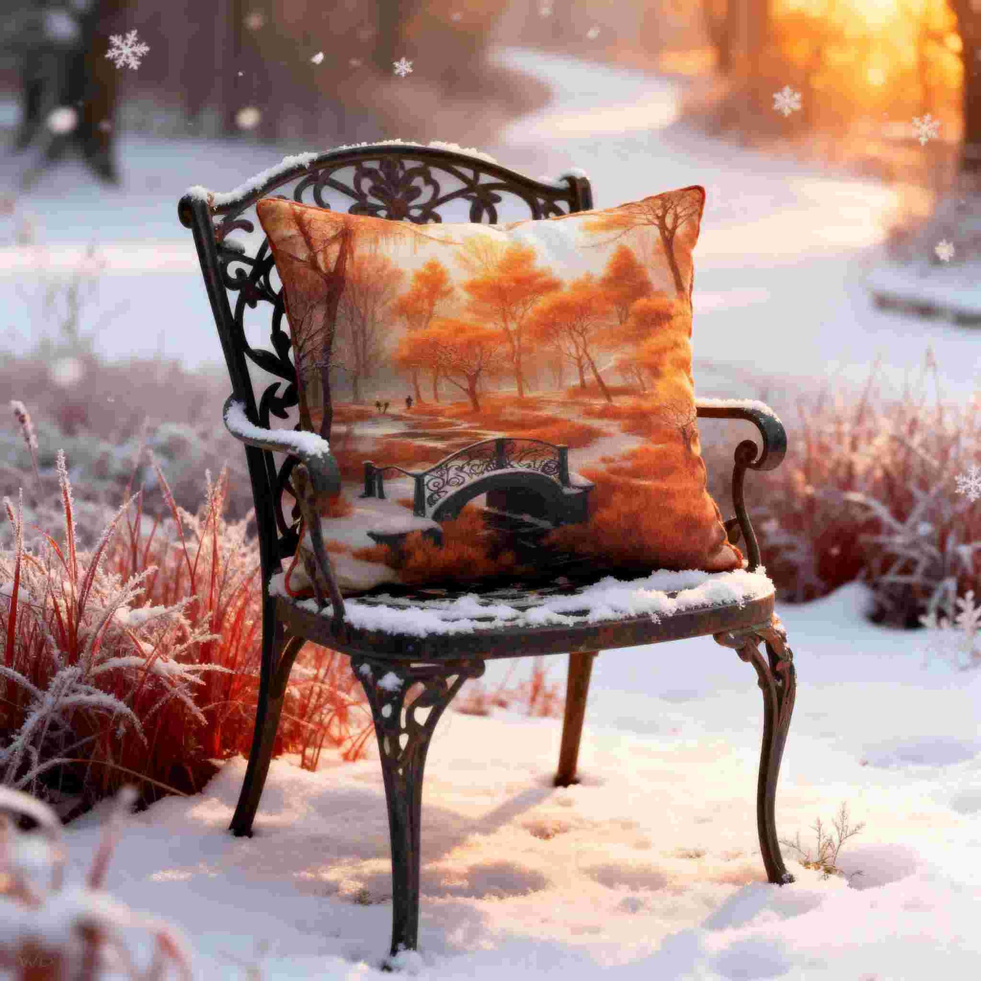 All-Over Print Basic Pillow on a snow-covered metal chair, featuring the Snow in Autumn Park design with orange trees, a small decorative bridge, and winter light. The scene highlights warm seasonal colors contrasting with the snowy landscape.