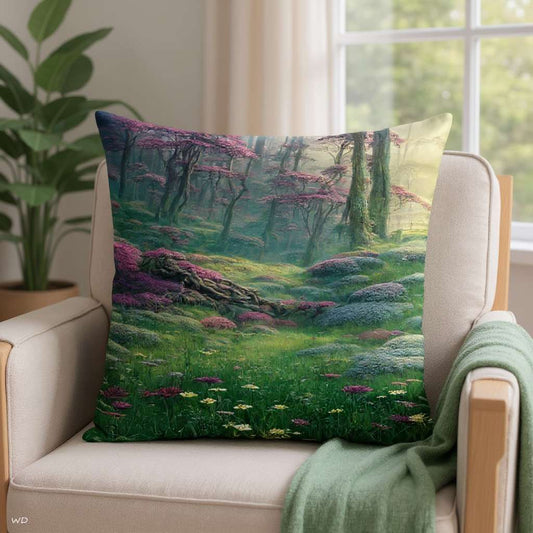 All-Over Print Basic Pillow on an indoor armchair, featuring the Walk in the Woods forest design with green moss, pink and violet flowers, and softly lit trees. A green blanket and a bright window complete the peaceful atmosphere.