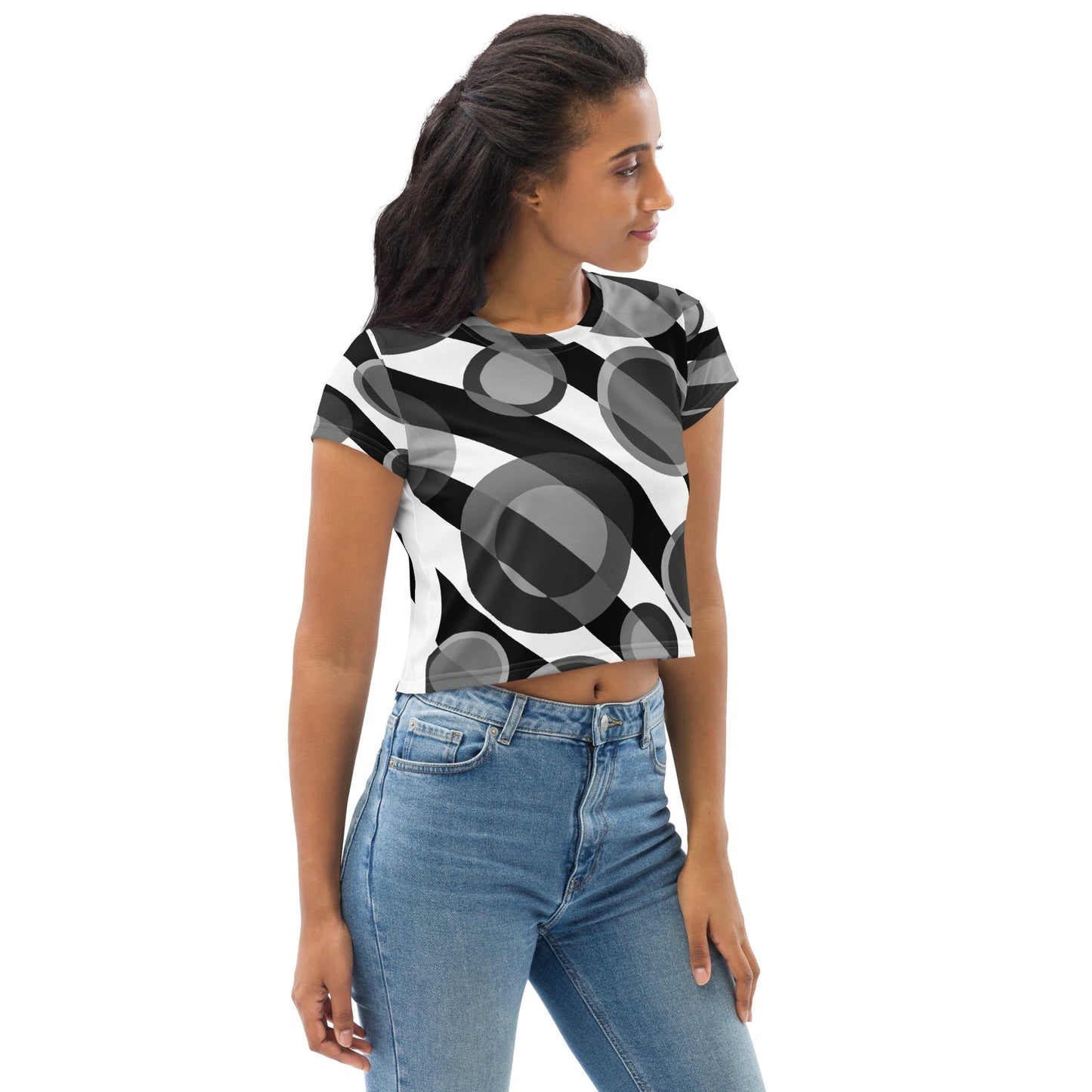Retro Geometric Crop Tee – Bubble 2 Black & White Design