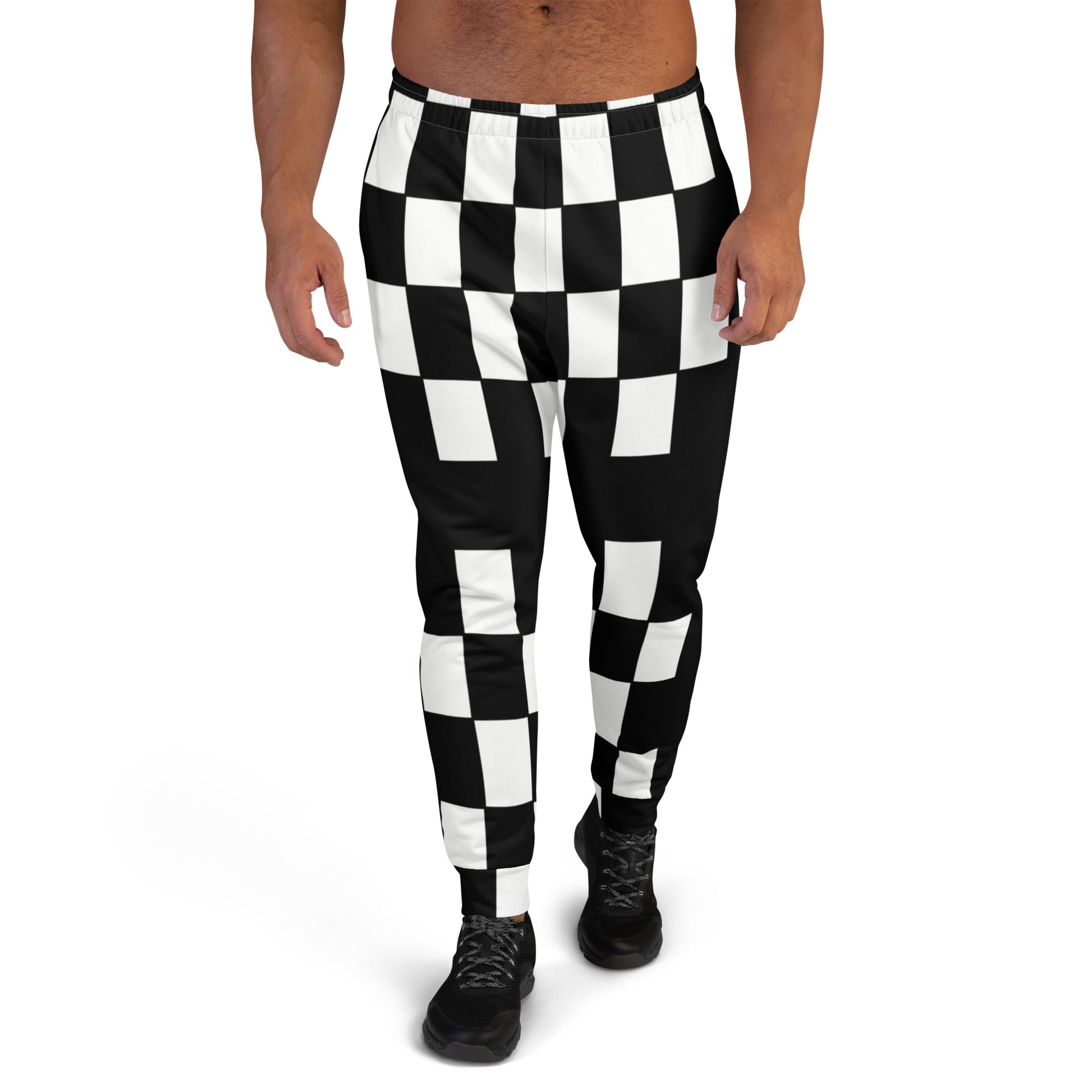 Men’s Joggers / All-Over Print Recycled Men’s Joggers in black and white 60s geometric design. Slim fit joggers with cuffed legs, cotton-feel exterior, brushed fleece lining, practical pockets, and eco-friendly recycled materials for comfort, style, and sustainable fashion.