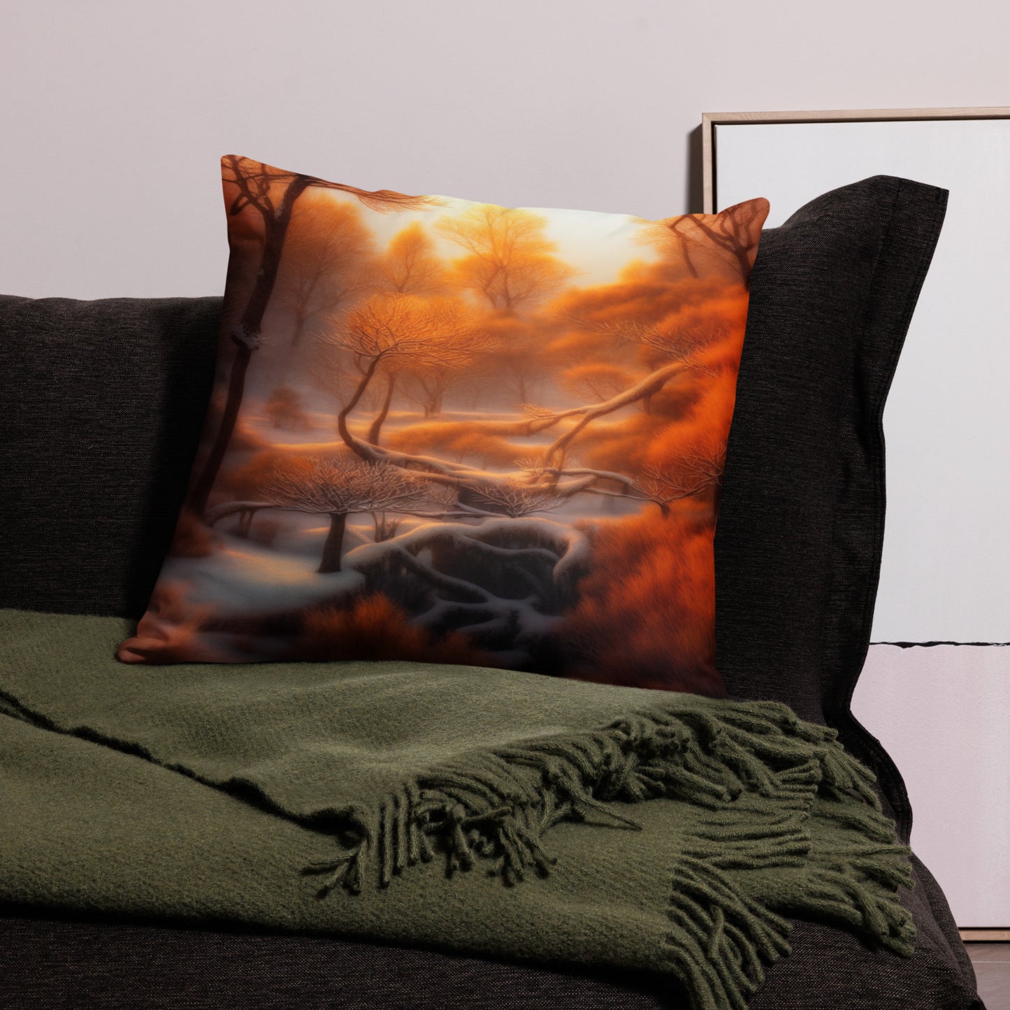Artistic pillow featuring golden forest trees glowing in winter light, ideal for bedroom or living room décor, elegant soft cushion for cozy artistic home style