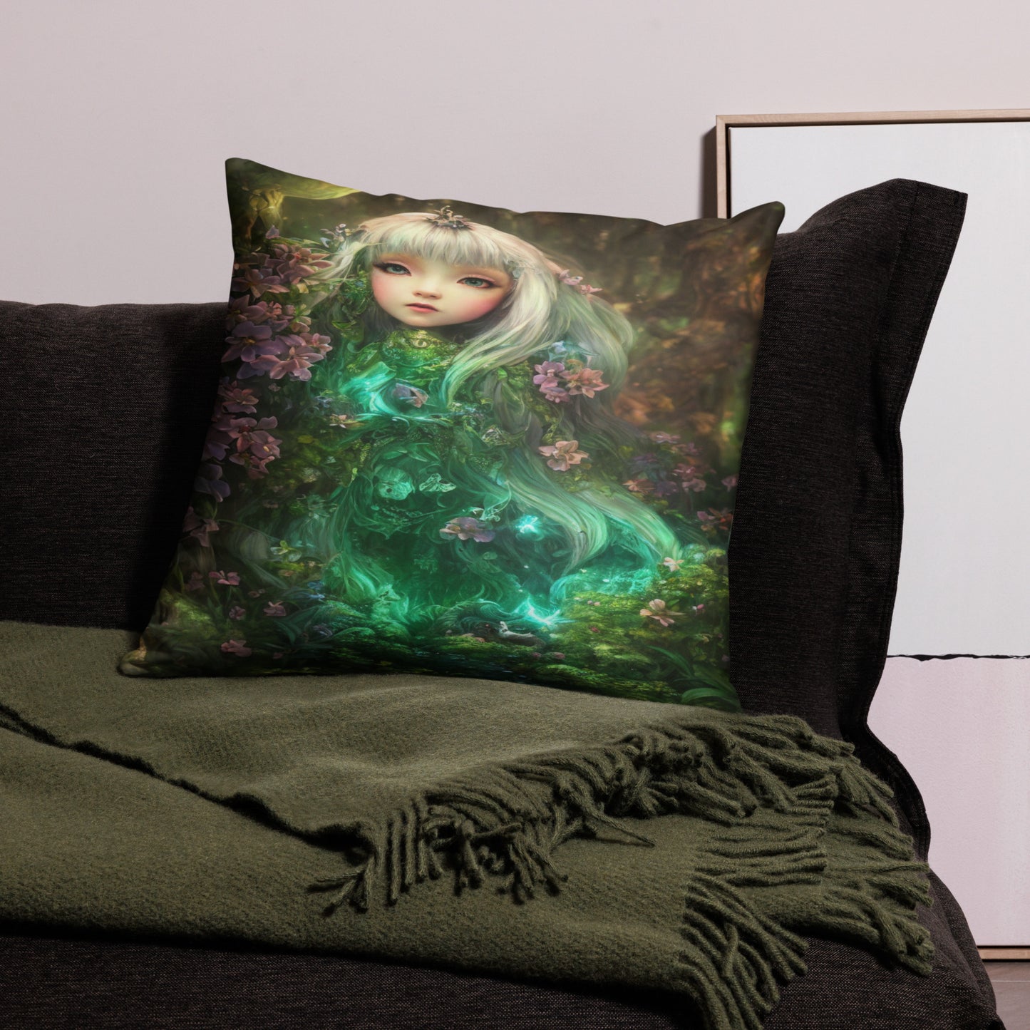 Artistic fantasy pillow featuring a luminous green fairy surrounded by flowers, ideal for bedroom or living room decor, premium soft cushion for artistic home style