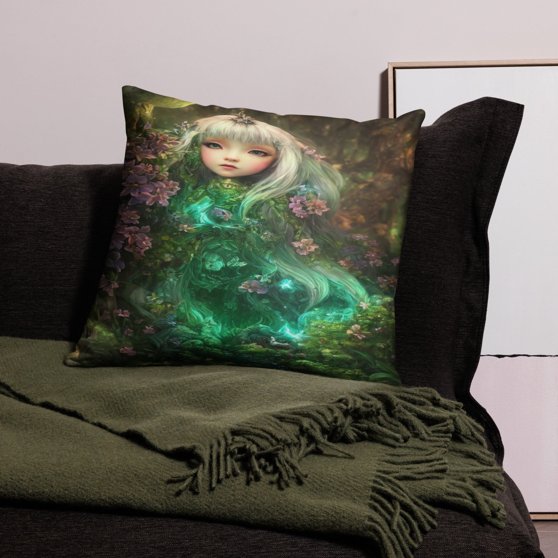 Artistic fantasy pillow featuring a luminous green fairy surrounded by flowers, ideal for bedroom or living room decor, premium soft cushion for artistic home style