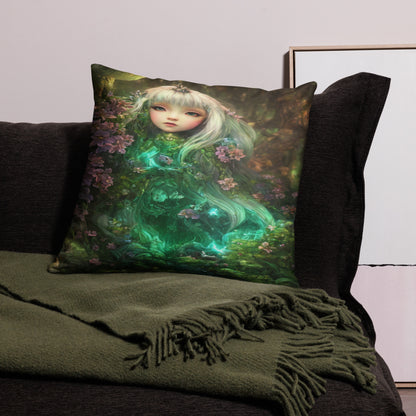 Artistic fantasy pillow featuring a luminous green fairy surrounded by flowers, ideal for bedroom or living room decor, premium soft cushion for artistic home style