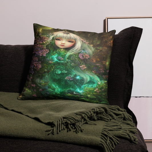 Artistic fantasy pillow featuring a luminous green fairy surrounded by flowers, ideal for bedroom or living room decor, premium soft cushion for artistic home style