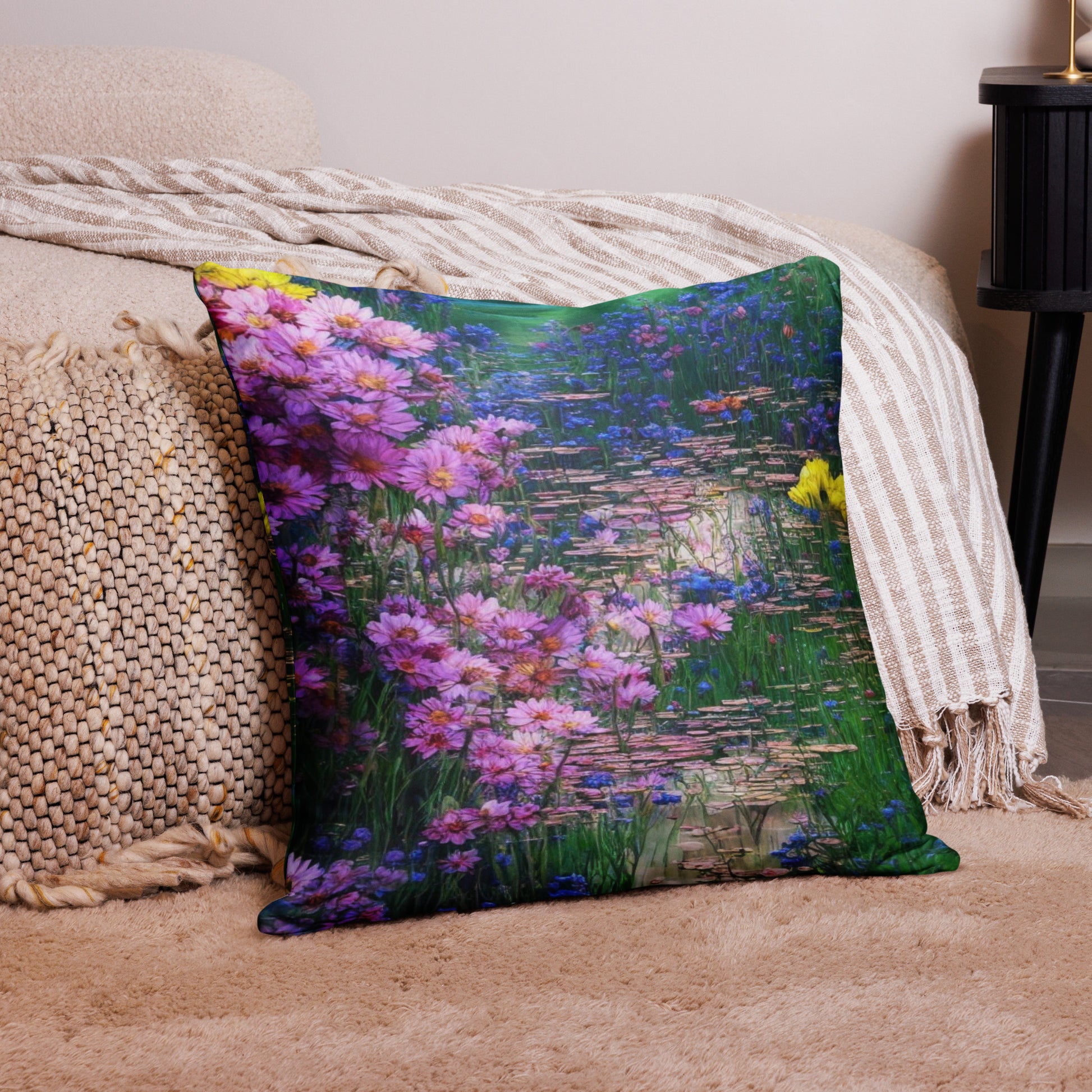 Floral pillow featuring pink and purple flowers near a reflective pond, inspired by peaceful garden scenery, ideal for bedroom or living room décor, artistic soft cushion for elegant home style