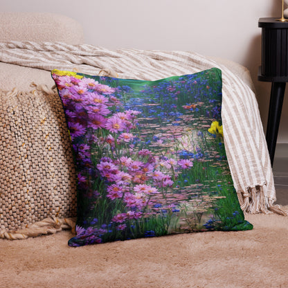 Floral pillow featuring pink and purple flowers near a reflective pond, inspired by peaceful garden scenery, ideal for bedroom or living room décor, artistic soft cushion for elegant home style