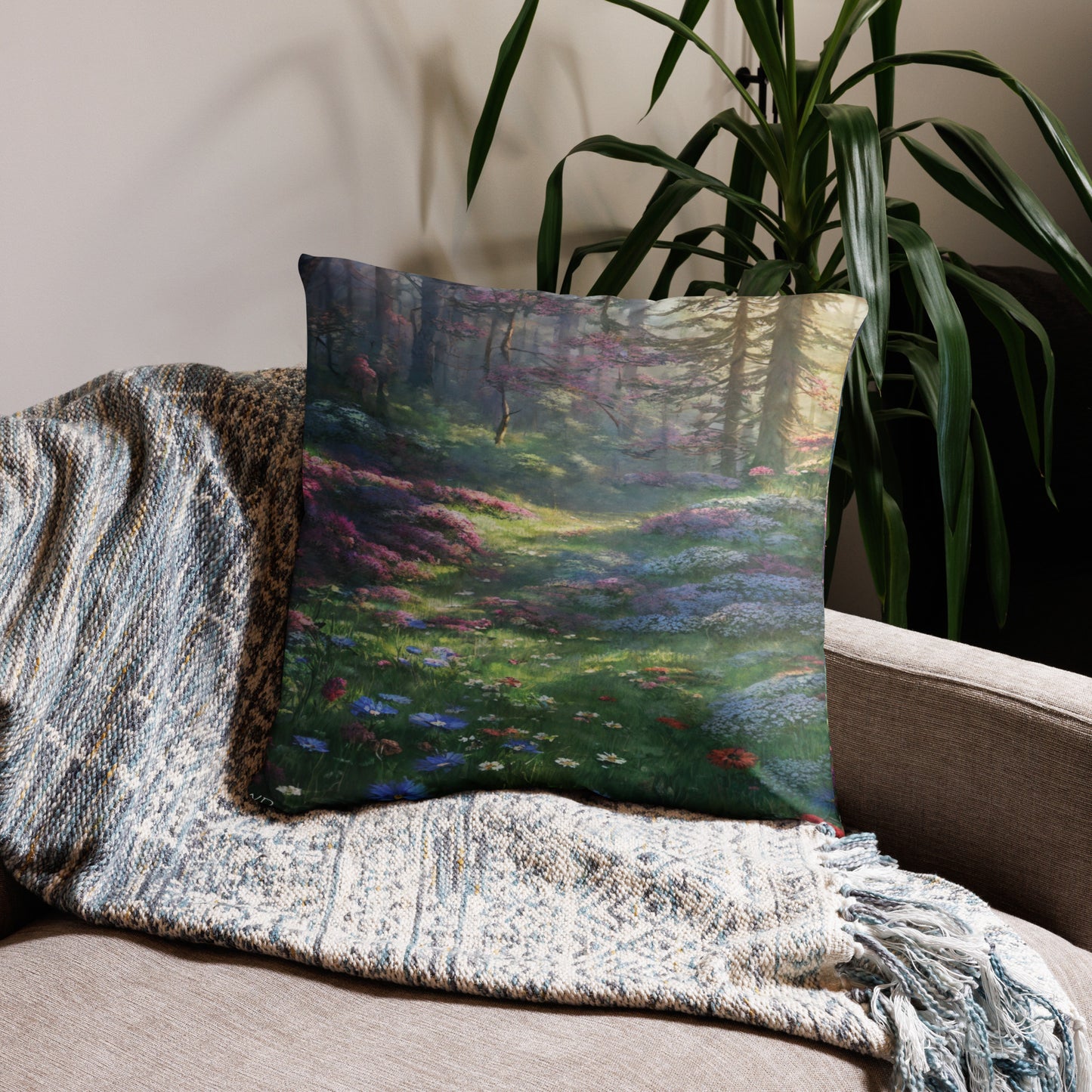 Artistic pillow featuring a peaceful forest scene with green meadows and sunlight through trees, ideal for living room or bedroom décor, soft cushion for elegant natural home style