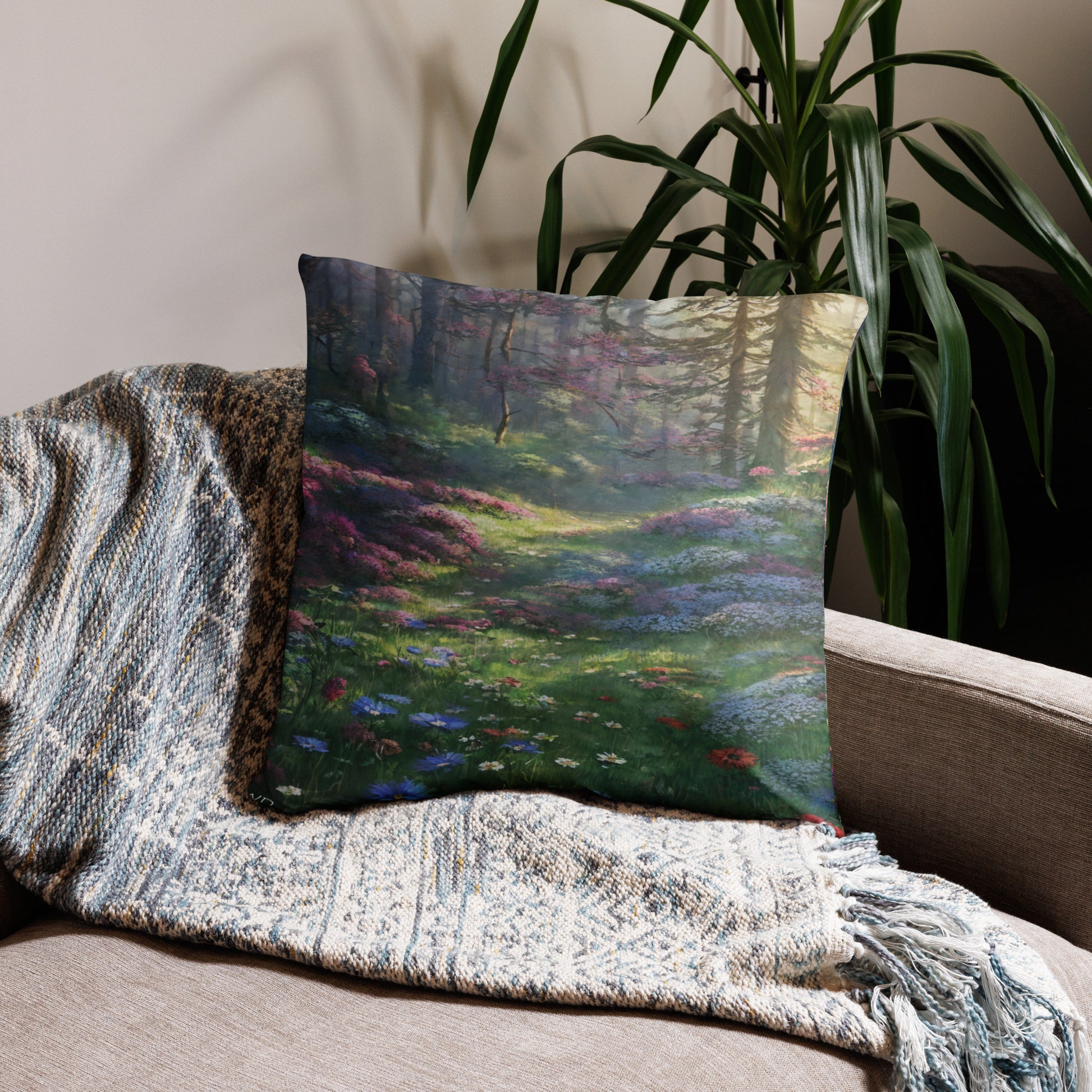 Artistic pillow featuring a peaceful forest scene with green meadows and sunlight through trees, ideal for living room or bedroom décor, soft cushion for elegant natural home style