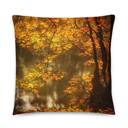 Artistic pillow featuring golden autumn leaves glowing under soft sunlight, perfect for bedroom or living room décor, elegant warm cushion for artistic home style