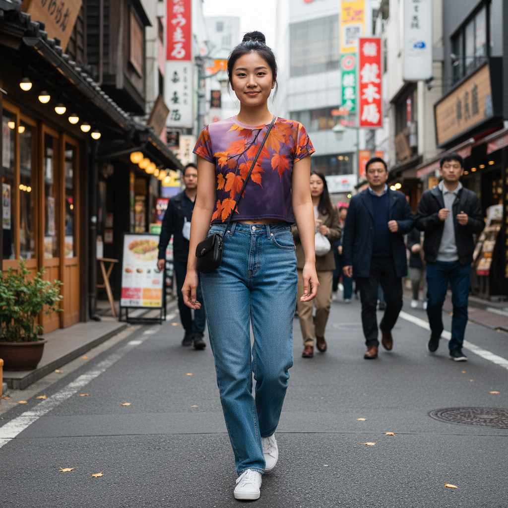 Woman walking in a lively urban street wearing a cropped tee with an all over print of crimson maple leaves in red orange and violet tones, botanical branch pattern across the chest, autumn inspired design with realistic fabric drape and natural daylight movement