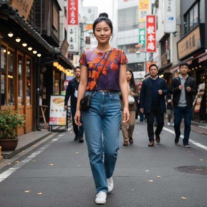 Woman walking in a lively urban street wearing a cropped tee with an all over print of crimson maple leaves in red orange and violet tones, botanical branch pattern across the chest, autumn inspired design with realistic fabric drape and natural daylight movement