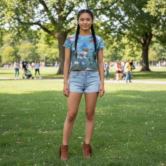 Young woman standing in a green park wearing a cropped tee with an all over print of impressionist flowers in sky blue white and bright orange tones, soft green background, dynamic floral movement across the chest with realistic fabric drape in daylight
