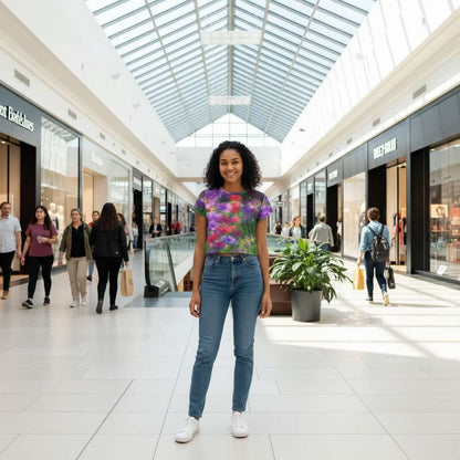 Young woman standing in a bright shopping mall wearing a cropped tee with an all over print of impressionist summer flowers in violet red and green tones, botanical petals and soft painterly brushstrokes across the chest with realistic fabric drape in natural indoor daylight