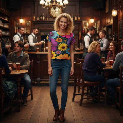 Woman standing in a warm indoor bar setting wearing a cropped tee with an all over print of naive vintage floral patterns in yellow pink turquoise and purple tones, bold flower shapes and organic lines with artistic color contrast and realistic fabric texture