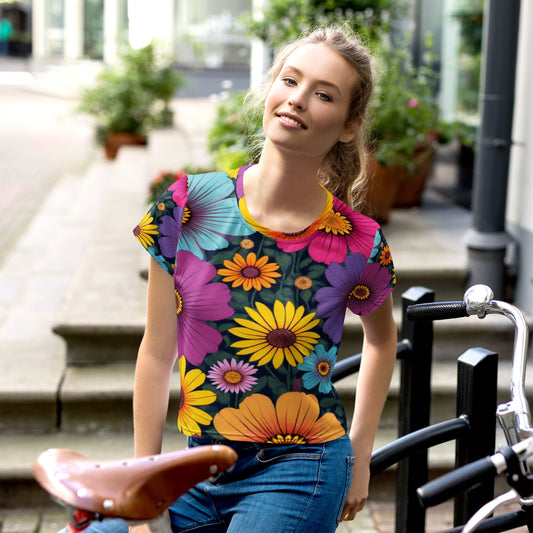 All-over print crop tee featuring the Summer Colors design — a naive floral artwork in 60s–70s vintage style, with radiant yellow, pink, turquoise and violet flowers expressing joy, color, and artistic freedom.