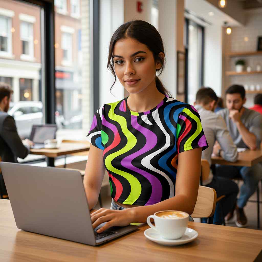 Lifestyle photo of a woman working on a laptop in a modern café wearing an all over print crop tee with vibrant retro abstract wave design in bright multicolor tones inspired by 1960s artistic movement capturing creative energy movement rhythm and expressive fashion in a real everyday environment