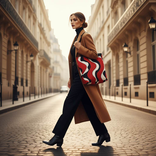 All-Over Print Tote Bag Ondule with bold red black and white 60s retro wave pattern, carried by an elegant woman walking in a European city street, long camel coat and black outfit, stylish fashion lifestyle photo showing the tote bag clearly on her shoulder