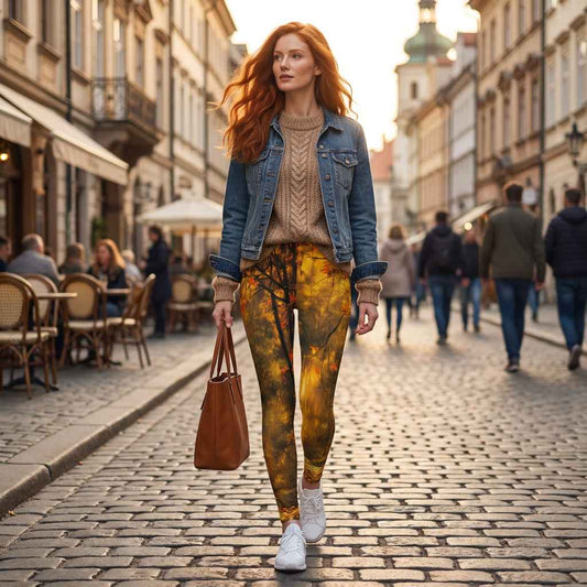 full body woman walking on european cobblestone street wearing autumn pond women casual leggings with golden forest reflection design warm amber fall colors artistic nature pattern lifestyle fashion scene outdoor city light seasonal streetwear look