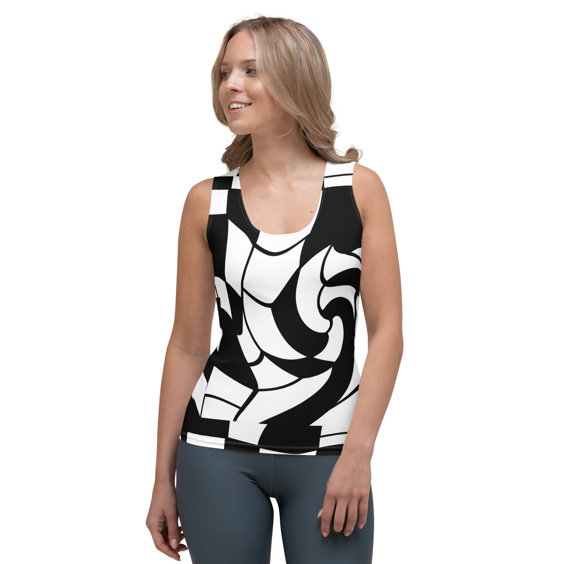 Black and white Sublimation Cut & Sew Tank Top with bold 60s geometric retro pattern. Women’s sleeveless body-hugging top, all-over print, stretchy polyester-spandex fabric, casual wear with a vintage-inspired optical style.