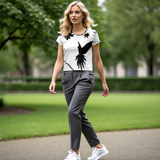 Blonde woman walking in a green urban park wearing a black and white all over print crop tee with bird silhouette design inspired by freedom nature and minimalist contrast modern casual outfit with grey trousers white sneakers natural daylight confident posture calm lifestyle atmosphere