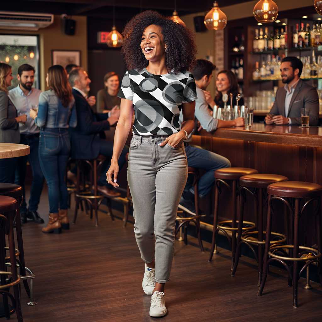 afro woman walking inside a warm pub environment wearing a black and white geometric crop tee with overlapping circles retro 60s 70s inspired design monochrome abstract pattern stylish interior wooden bar stools ambient lights people socializing modern fashionable outfit