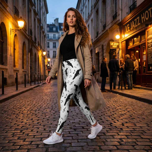 Woman walking on a cobblestone street at night wearing black and white jazz music leggings with saxophonist silhouettes and floating musical notes. The high-contrast pattern creates a rhythmic visual flow inspired by vintage jazz culture. The lifestyle scene highlights expressive movement and modern artistic streetwear confidence.