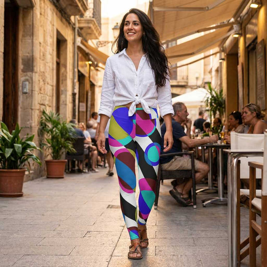 woman walking in narrow european street wearing bubble 3 womens casual leggings with bold abstract overlapping circles in pink turquoise purple yellow and black creating dynamic retro modern visual rhythm illuminated by soft daylight with café terraces and urban lifestyle background atmosphere