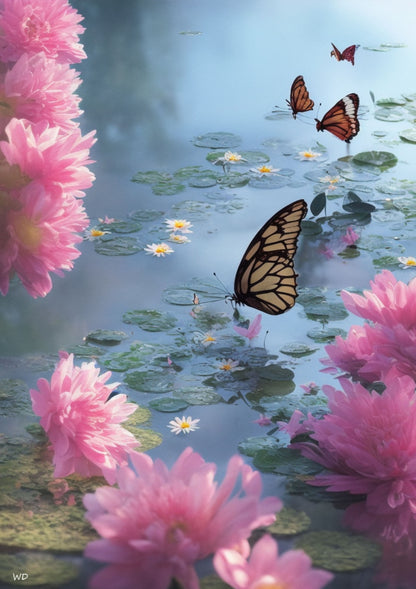 Butterflies framed poster showing butterflies above lily waters with soft pink flowers. Dreamy floral artwork printed on premium matte paper with wooden frame. Ideal for serene and elegant interiors.