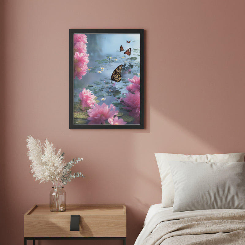 Framed poster featuring a dreamy floral scene with butterflies hovering above lily-covered water, surrounded by soft pink blossoms. Artistic nature wall art in a serene bedroom setting, highlighting delicate details, calm ambiance, and vibrant botanical colors.