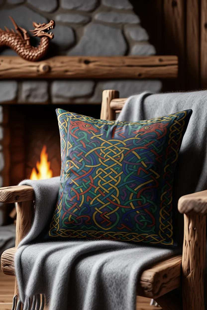 All-Over Print Basic Pillow on a rustic wooden armchair near a stone fireplace, featuring the Runic Knotwork – Viking Serpents & Wolves design with interlaced patterns, serpent shapes, and wolf heads. A gray blanket enhances the warm, mythic atmosphere.