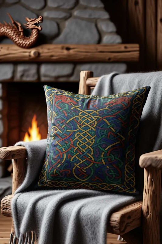 All-Over Print Basic Pillow on a rustic wooden armchair near a stone fireplace, featuring the Runic Knotwork – Viking Serpents & Wolves design with interlaced patterns, serpent shapes, and wolf heads. A gray blanket enhances the warm, mythic atmosphere.
