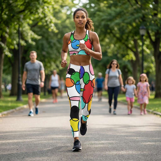 woman jogging in green park wearing chaine womens casual leggings with colorful overlapping geometric circles in red green yellow blue and black high waist stretch fabric fitted silhouette dynamic athletic motion modern streetwear style vibrant pop art energy