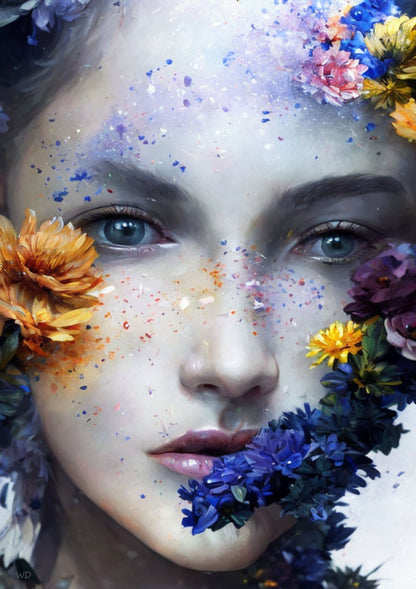 Circé framed poster inspired by Greek mythology. Hyperreal floral portrait blending realism and surrealism, printed on premium matte paper with wooden frame. Perfect wall art for mythology and fantasy lovers.