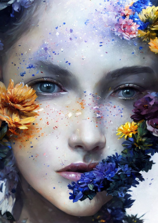 Circé framed poster inspired by Greek mythology. Hyperreal floral portrait blending realism and surrealism, printed on premium matte paper with wooden frame. Perfect wall art for mythology and fantasy lovers.