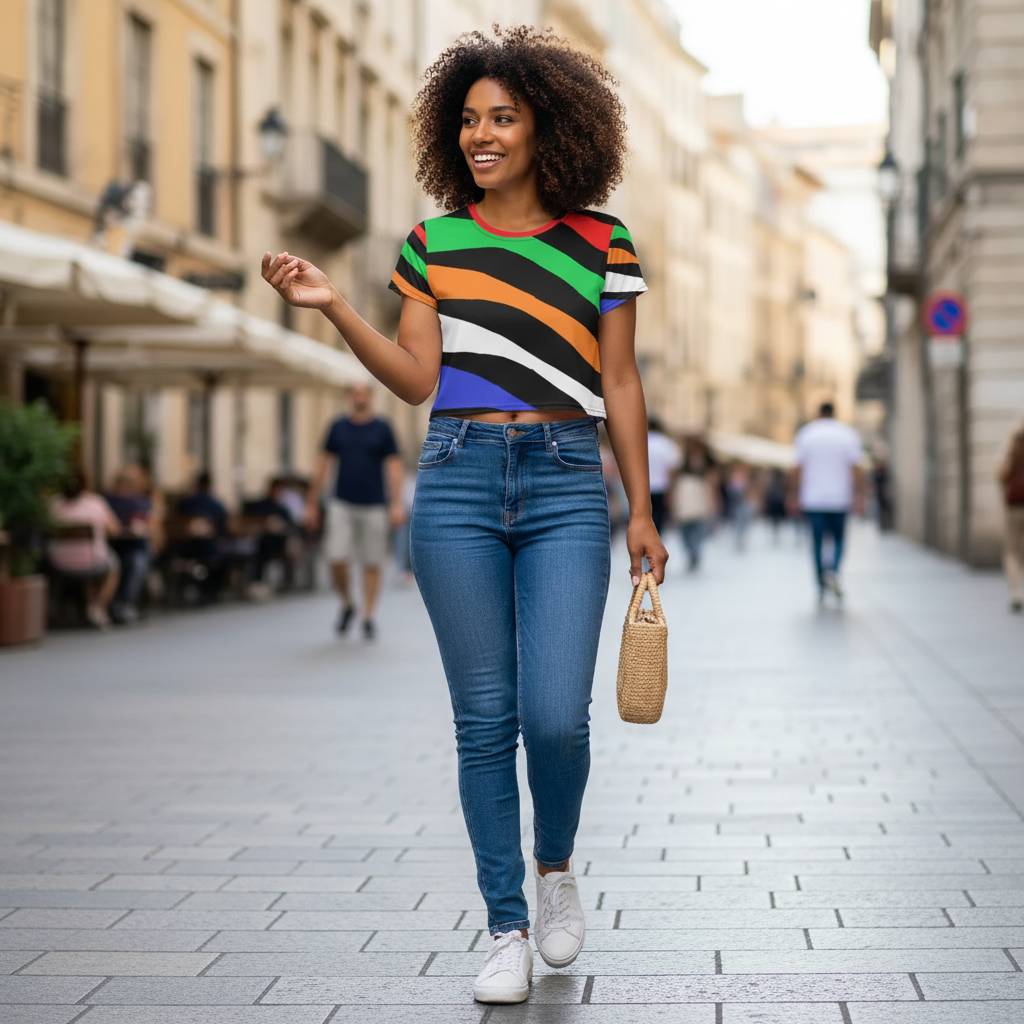 Smiling black woman walking on a European pedestrian street wearing a colorful abstract striped crop tee with green orange red and blue flowing wave pattern fitted jeans summer daylight urban lifestyle confident movement modern street fashion creative atmosphere