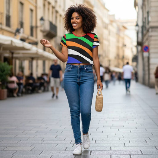 Smiling black woman walking on a European pedestrian street wearing a colorful abstract striped crop tee with green orange red and blue flowing wave pattern fitted jeans summer daylight urban lifestyle confident movement modern street fashion creative atmosphere
