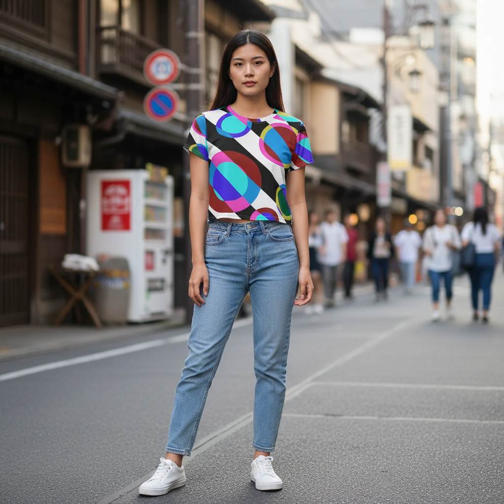 asian woman walking on a japanese street wearing a colorful geometric crop tee with overlapping circles in magenta cyan yellow and red retro 60s 70s inspired abstract design urban lifestyle fashion scene daylight pedestrians in background modern casual outfit