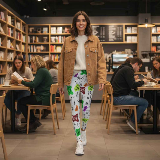 Woman walking indoors wearing colorful typography leggings with bold letters and graphic symbols arranged in a lively abstract pattern. The vibrant design creates a playful sculpting effect while preserving a clean modern pop art balance. The lifestyle scene highlights comfort movement and creative everyday streetwear expression.