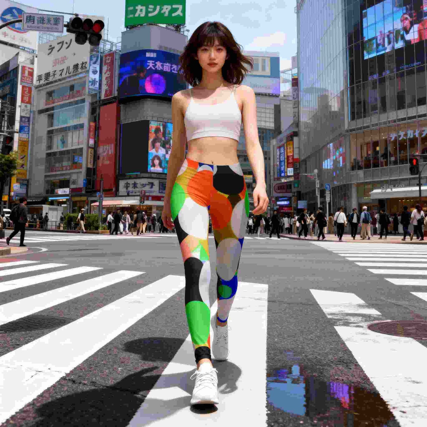 Young woman walking on a Tokyo crosswalk wearing high waist colorful retro circle pattern leggings with green orange blue black and white shapes urban Japanese city background pedestrians buildings street lines creating a dynamic modern lifestyle fashion atmosphere