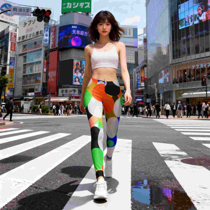 Young woman walking on a Tokyo crosswalk wearing high waist colorful retro circle pattern leggings with green orange blue black and white shapes urban Japanese city background pedestrians buildings street lines creating a dynamic modern lifestyle fashion atmosphere