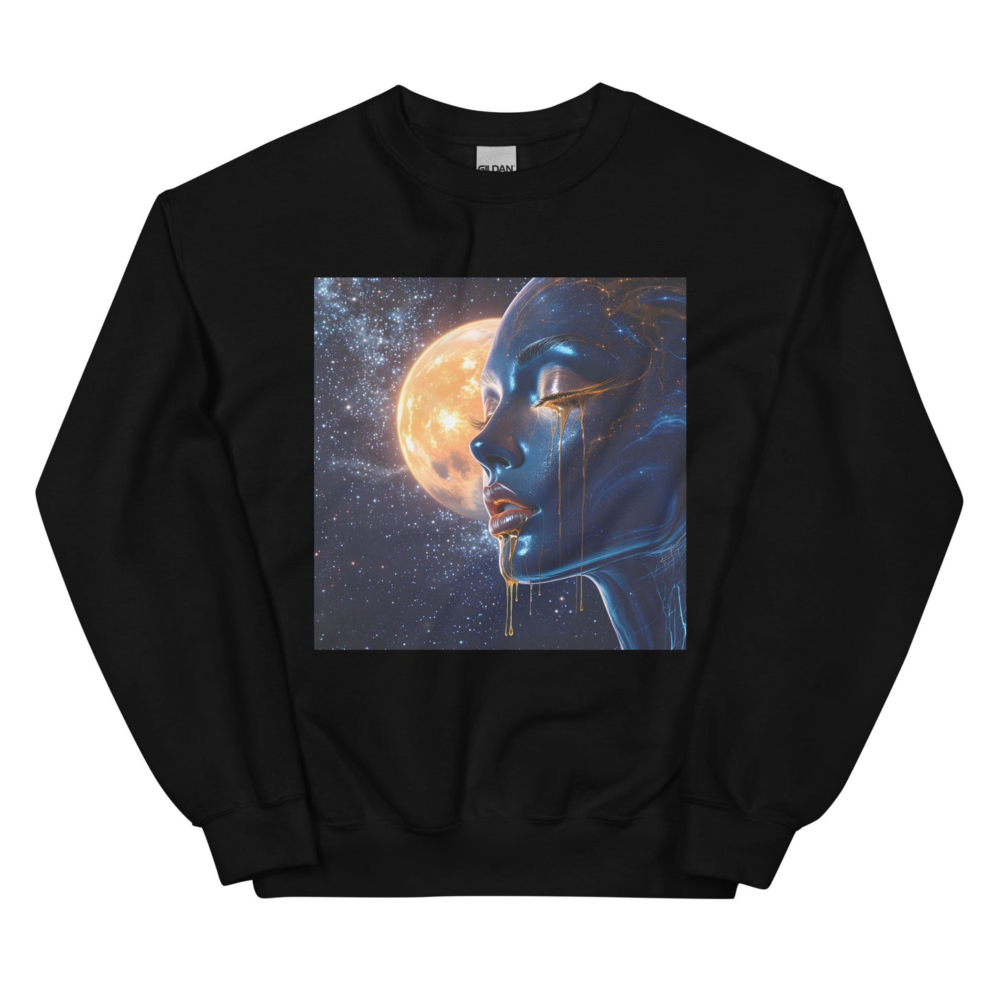Unisex Sweatshirt featuring “Cosmic Tears – The Celestial Goddess” artwork, a fantasy cosmic portrait with golden tears, moonlit sky, and celestial details. Artistic, emotional, and unique wearable art.
