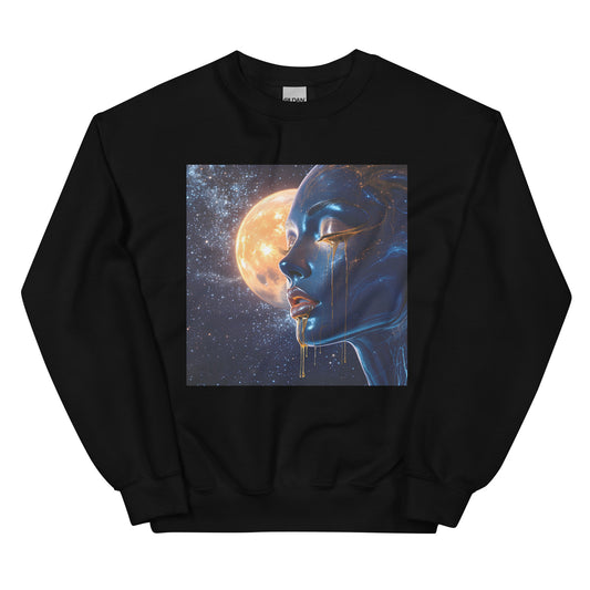 Unisex Sweatshirt featuring “Cosmic Tears – The Celestial Goddess” artwork, a fantasy cosmic portrait with golden tears, moonlit sky, and celestial details. Artistic, emotional, and unique wearable art.