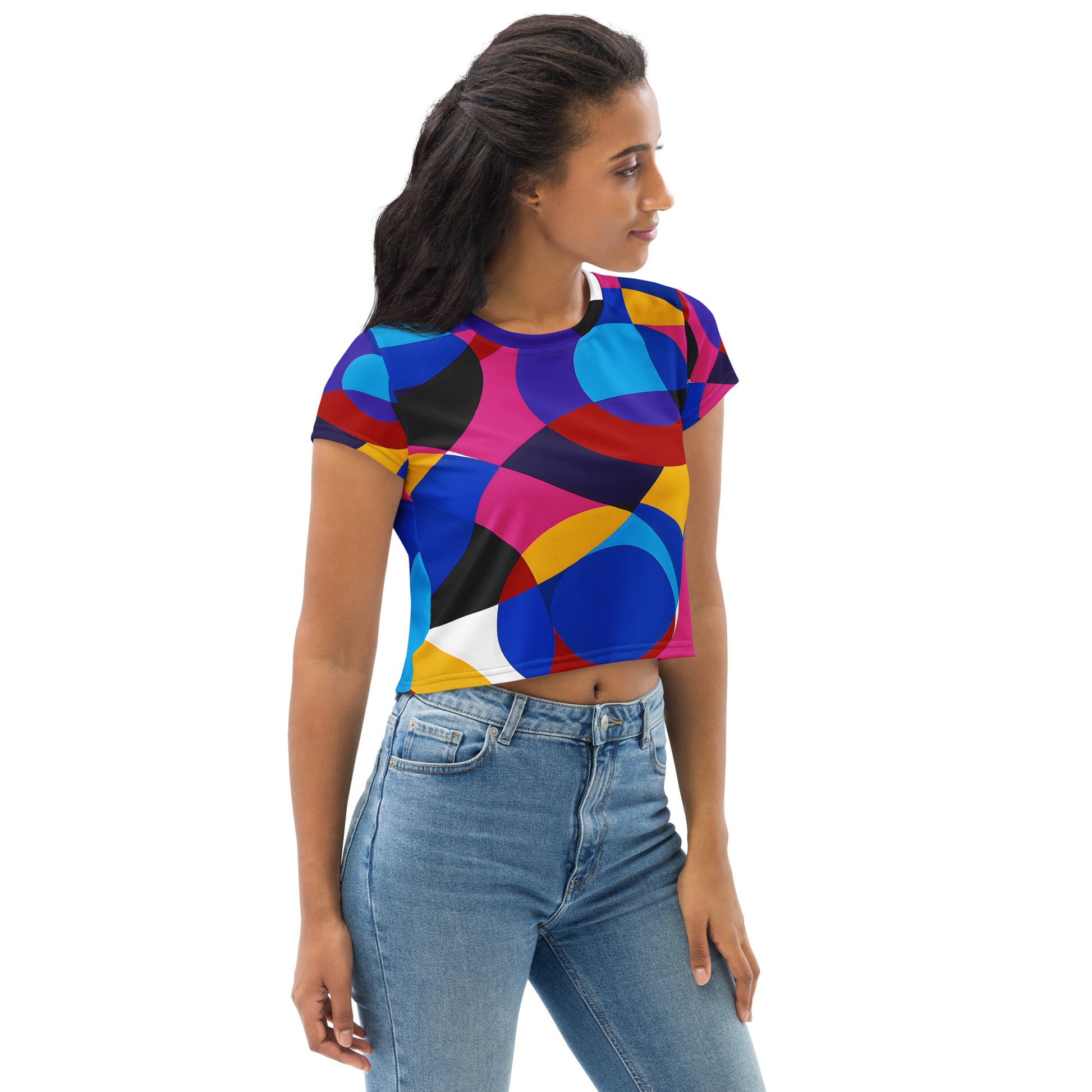 All-Over Print Crop Tee The Geometry of Sound featuring colorful intersecting circles in retro geometric 60s style, blending abstract motion and bold tones into a dynamic wearable art piece.